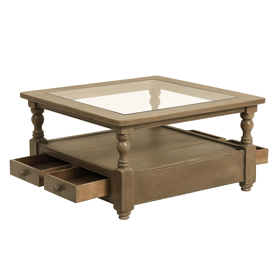 Table basse carrée en épicéa naturel cendré avec plateau vitré et 4 tiroirs - Natural