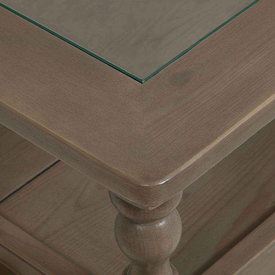 Table basse carrée en épicéa brun fumé grisé avec plateau vitré et 4 tiroirs - Natural