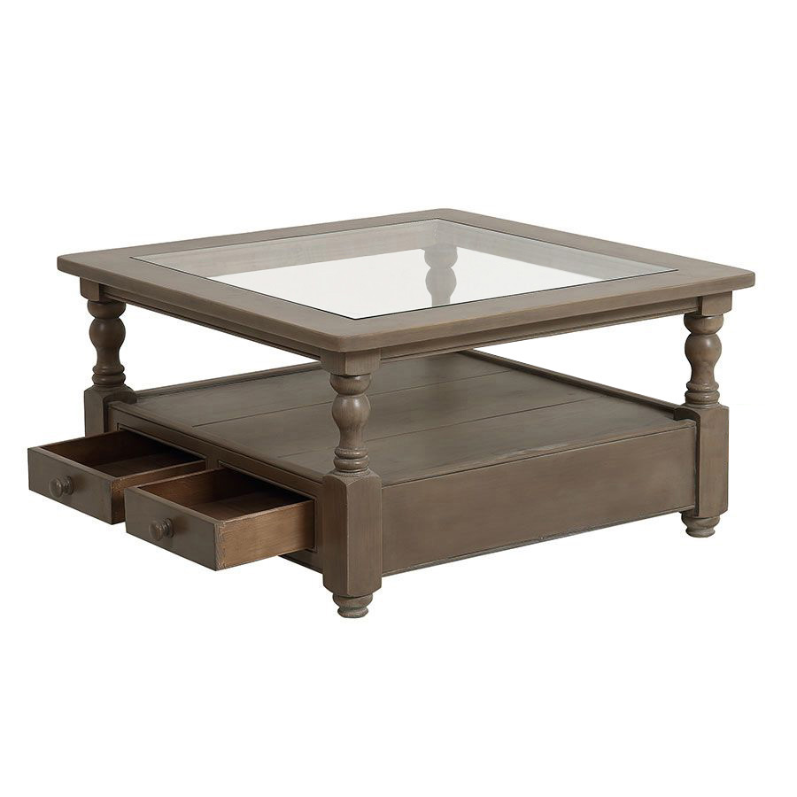 Table basse carrée en épicéa brun fumé grisé avec plateau vitré et 4 tiroirs - Natural