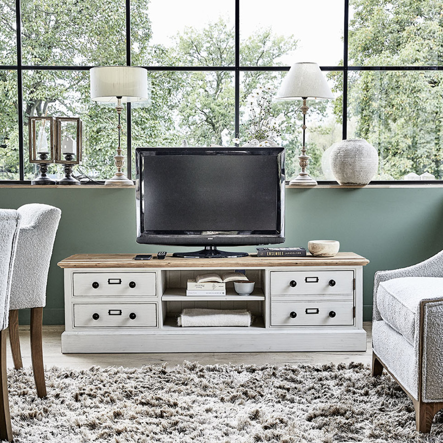 Meuble TV 4 tiroirs en bois blanc vieilli avec plateau en épicéa massif - Natural