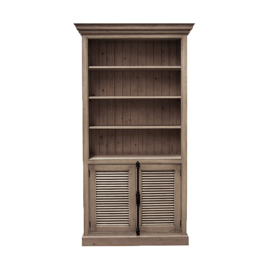 Bibliothèque avec 2 portes basses persiennes en épicéa brun fumé grisé - Natural