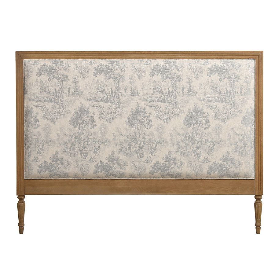 Tête de lit 160 cm en chêne massif et tissu toile de Jouy bleu/gris - Domaine