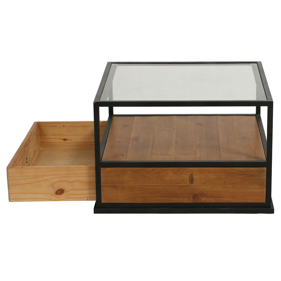Table basse carrée industrielle en bois recyclé et métal avec plateau en verre - Manufacture