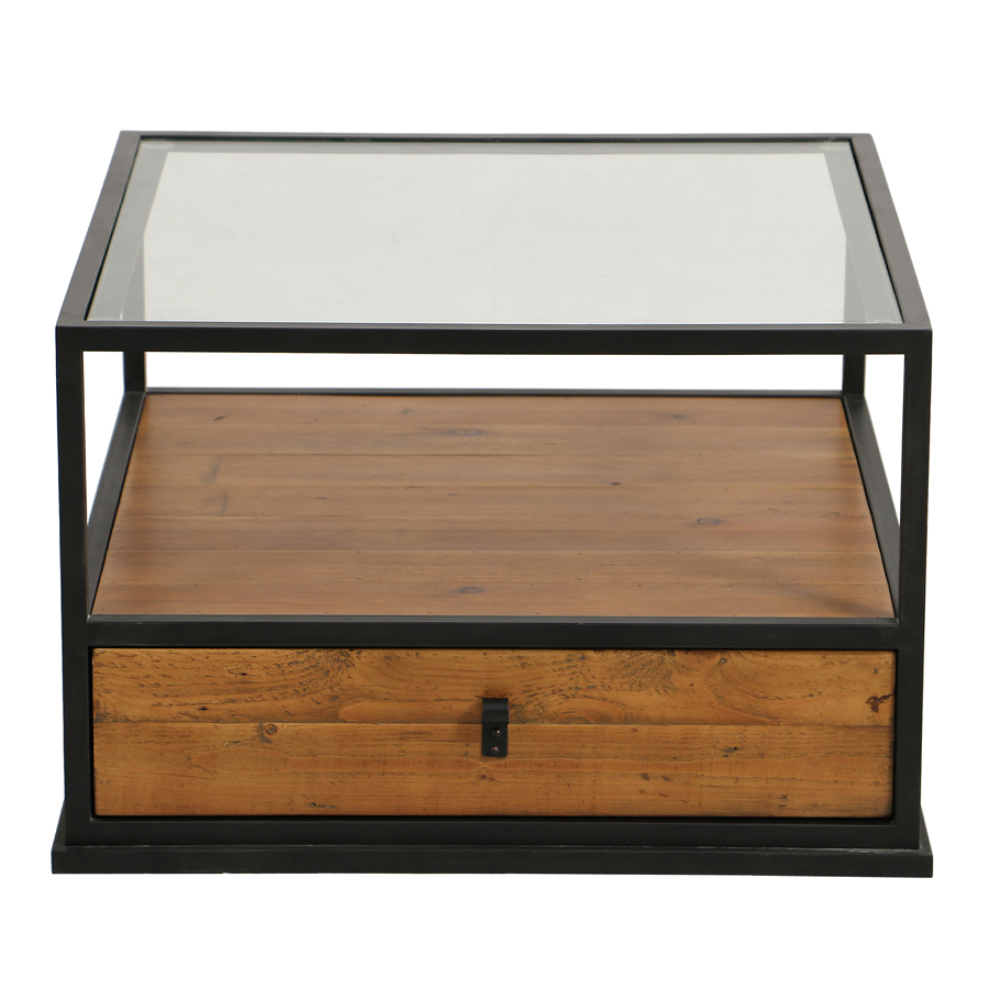 Table basse carrée industrielle en bois recyclé et métal avec plateau en verre - Manufacture