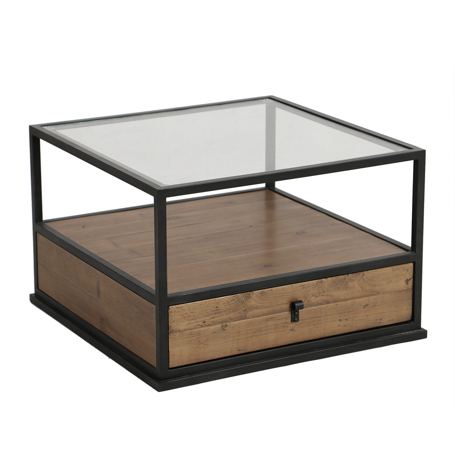 Table basse carrée industrielle en bois naturel grisé recyclé et métal avec plateau en verre - Manufacture
