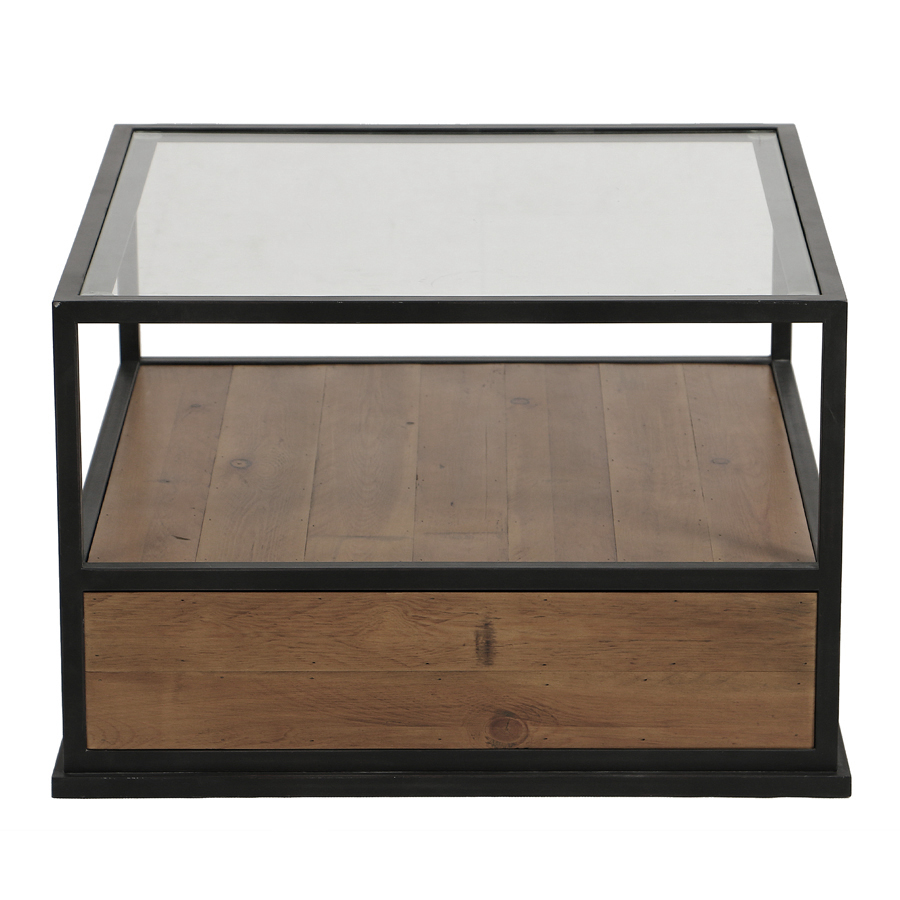 Table basse carrée industrielle en bois naturel grisé recyclé et métal avec plateau en verre - Manufacture