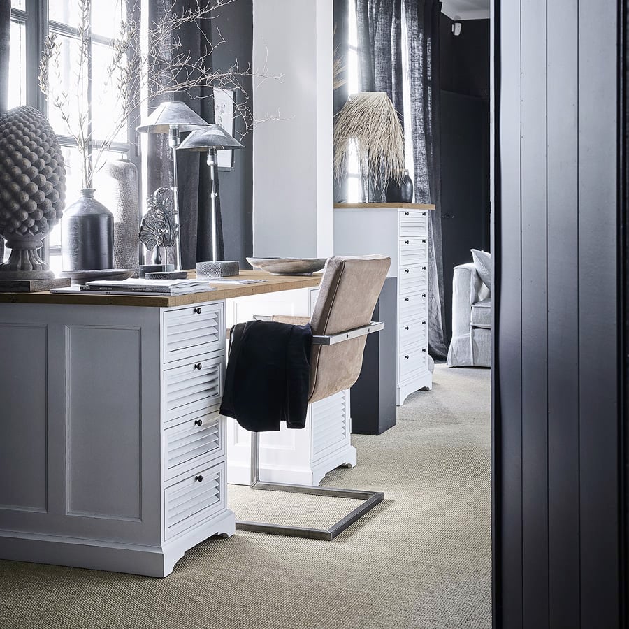 Soldes - Bureau avec tiroirs bicolore blanc et plateau en bois