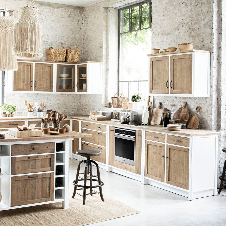 Soldes - Meuble de cuisine bas 2 portes 2 tiroirs en bois recyclé blanc -  Rivages - Interior's