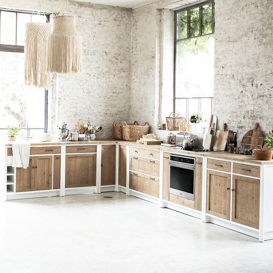 Soldes - Meuble de cuisine bas d'angle en bois recyclé blanc - Rivages -  Interior's