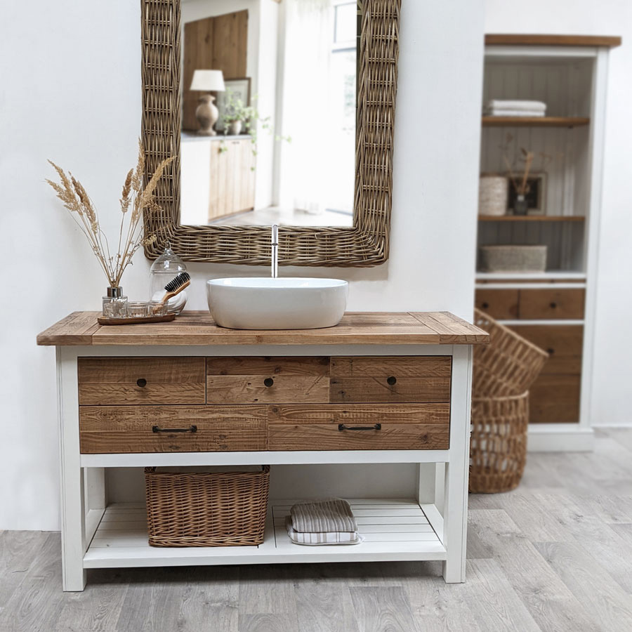 Soldes - Meuble salle de bain sous-vasque 4 tiroirs en bois recyclé blanc -  Rivages - Interior's