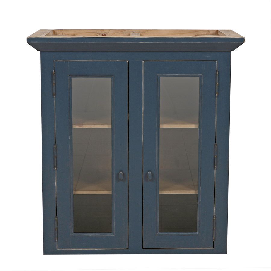 Haut de buffet vaisselier 2 portes vitrées en pin bleu grisé - Brocante