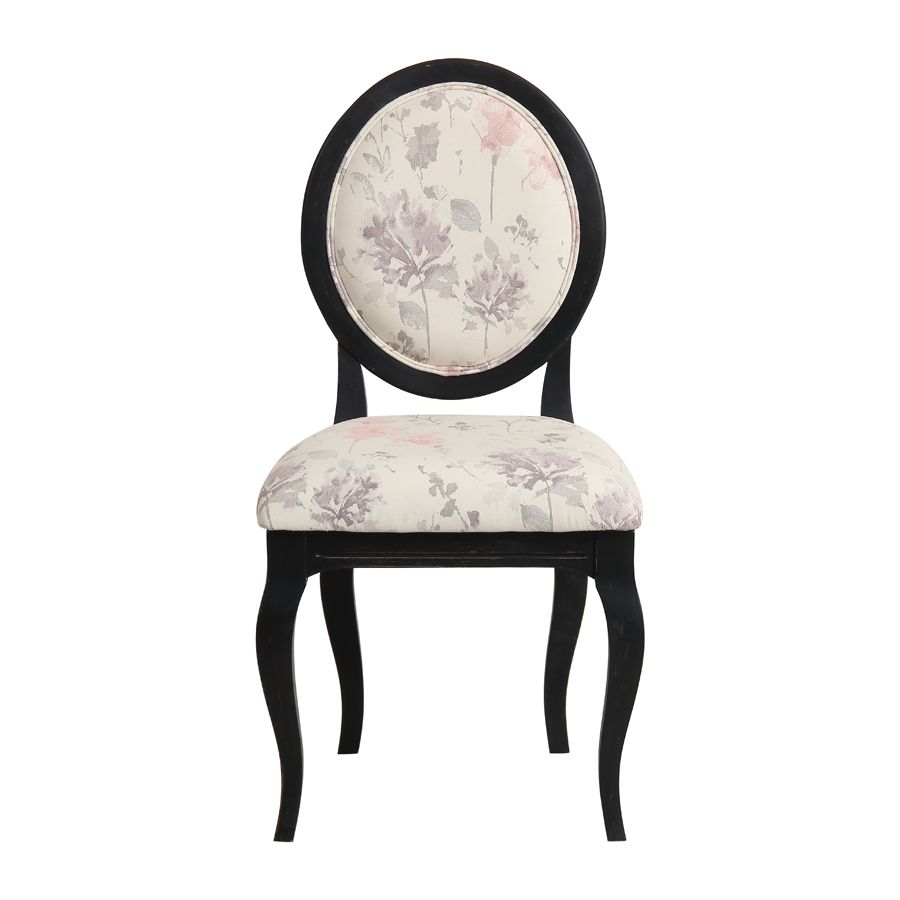 Chaise médaillon en tissu fleurs opaline et hévéa noir - Hortense