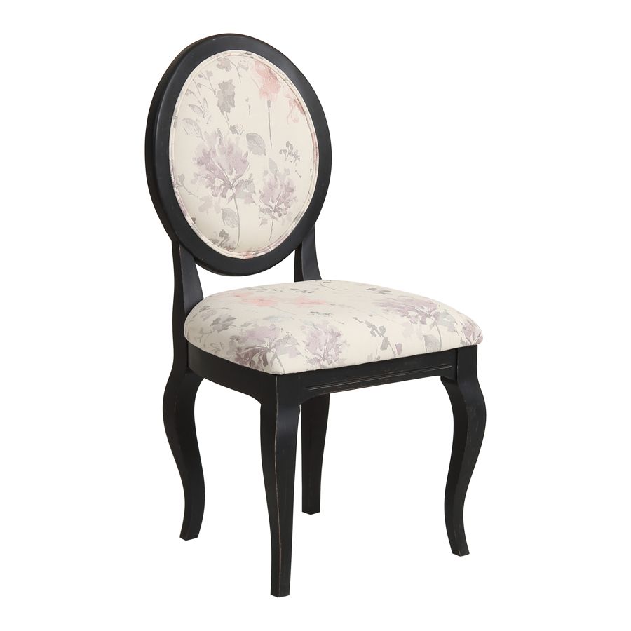 Chaise médaillon en tissu fleurs opaline et hévéa noir - Hortense