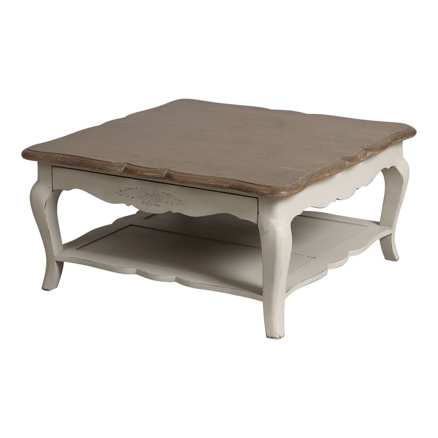 Table basse blanche carrée en pin avec rangement - Château