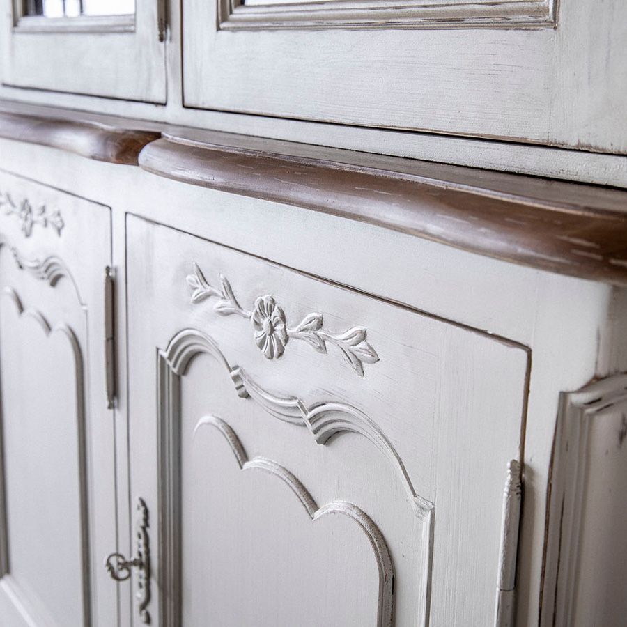 Buffet vaisselier 3 portes vitrées en pin blanc vieilli - Château