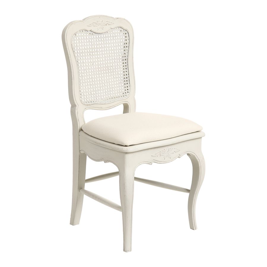Chaise cannée assise tissu blanc vieilli - Château