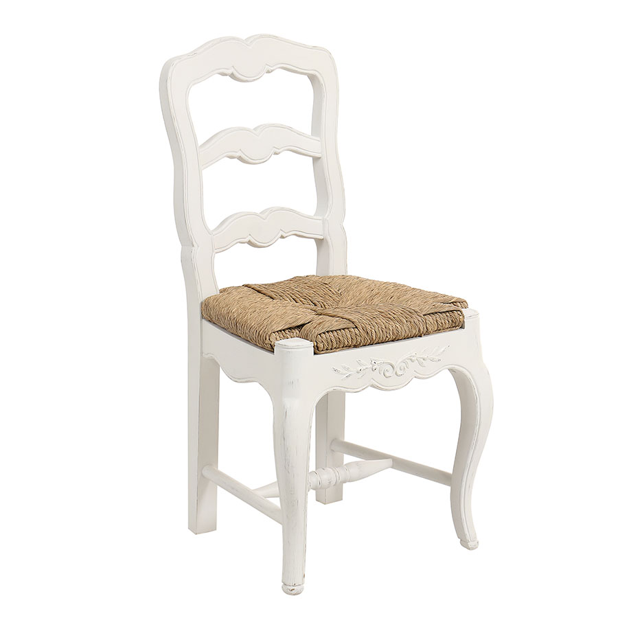 Chaise paillée en bois blanc vieilli - Romance