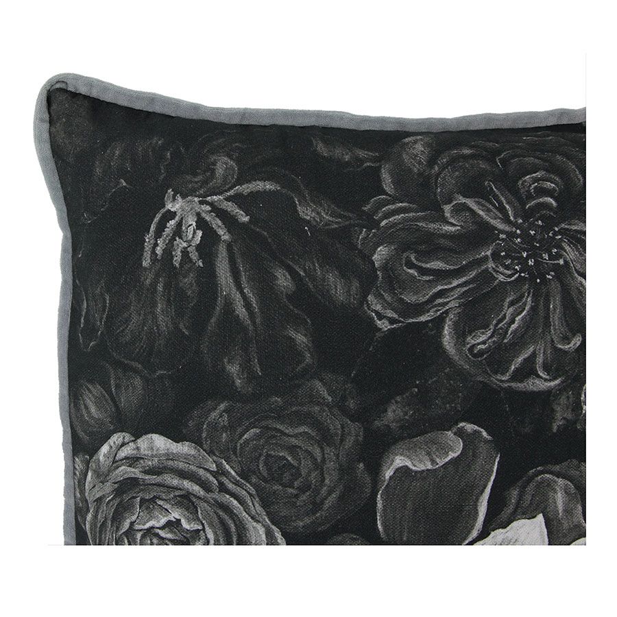 Housse de coussin effet velours motif fleurs noir et blanc