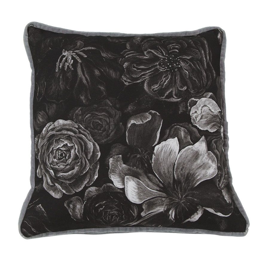 Housse de coussin effet velours motif fleurs noir et blanc