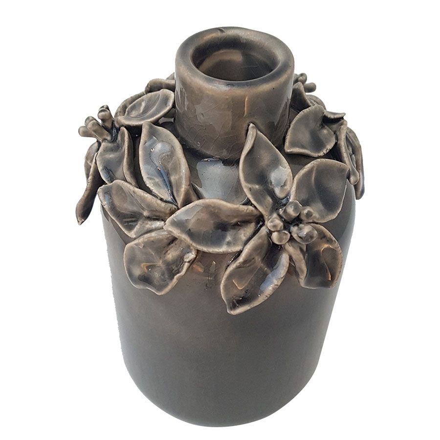 Petit vase gris en céramique avec couronne de fleurs 15,5 cm