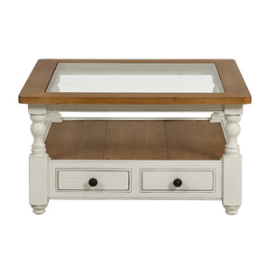 Table basse carrée 4 tiroirs en bois blanc vieilli avec plateau en épicéa et verre - Natural
