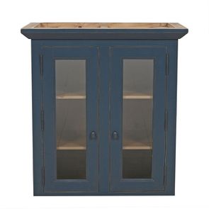 Haut de buffet vaisselier 2 portes vitrées en pin bleu grisé - Brocante