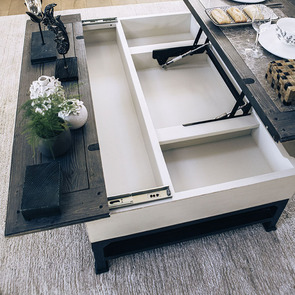 Table basse blanche avec plateau relevable en épicéa et métal - Ouessant
