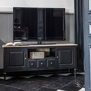 Meuble TV baroque noir 2 portes en pin - Manoir