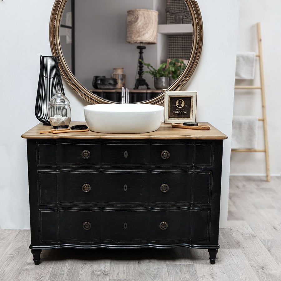 Soldes - Meuble salle de bain sous-vasque 2 tiroirs en pin massif noir  vieilli avec plateau en frêne - Manoir - Interior's
